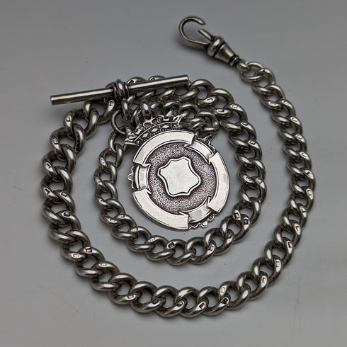 Circa 1900 British antique sterling silver Albert chain, 52g, sterling silver medal fob
