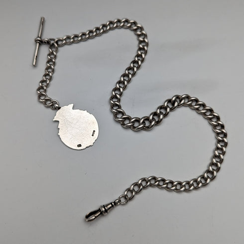Circa 1900 British antique sterling silver Albert chain, 52g, sterling silver medal fob