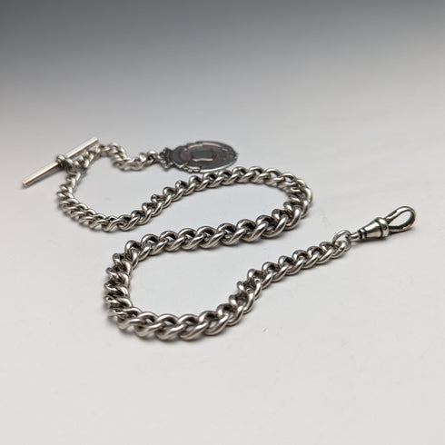 Circa 1900 British antique sterling silver Albert chain, 52g, sterling silver medal fob