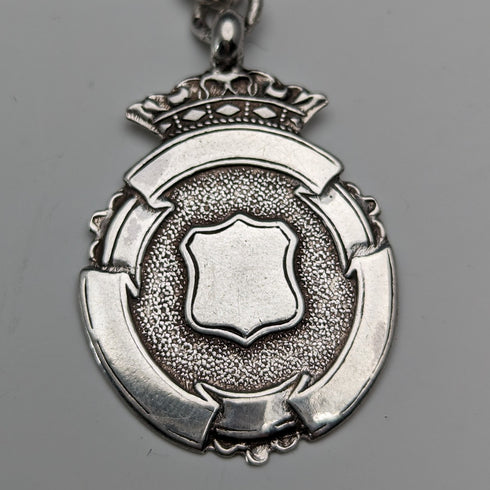 Circa 1900 British antique sterling silver Albert chain, 52g, sterling silver medal fob