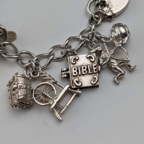 1983 British vintage sterling silver charm bracelet, 53g