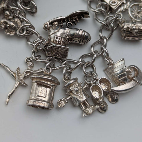 1983 British vintage sterling silver charm bracelet, 53g