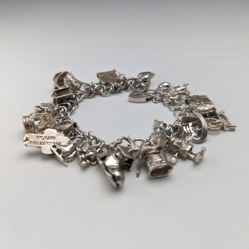 1983年 英国ヴィンテージ 純銀製 チャームブレスレット 53g