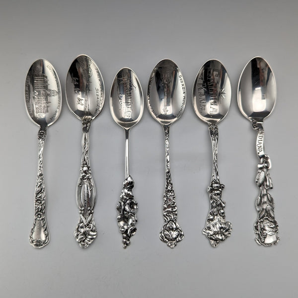 Circa 1900 American antique pure silver souvenir spoons x 6, teaspoon size, total weight 115g