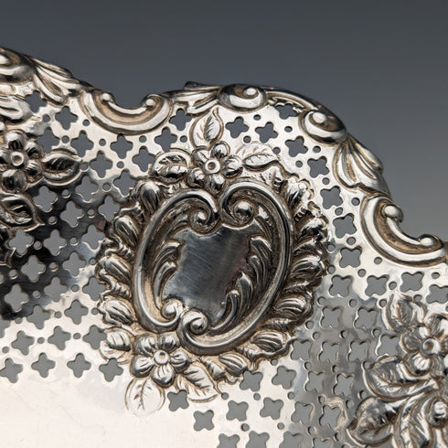 1895 British antique sterling silver floral dish, 111g, James Dixon & Sons