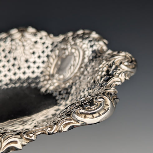 1895 British antique sterling silver floral dish, 111g, James Dixon & Sons