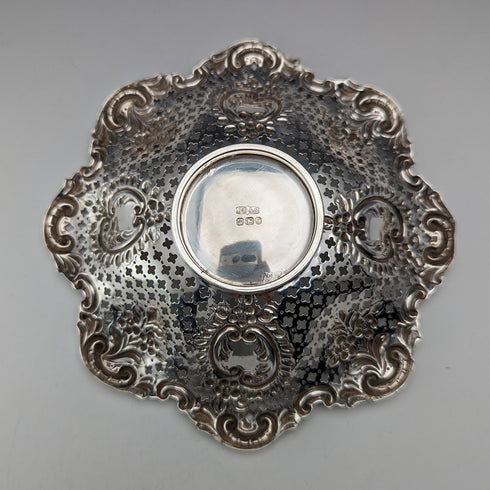 1895 British antique sterling silver floral dish, 111g, James Dixon & Sons