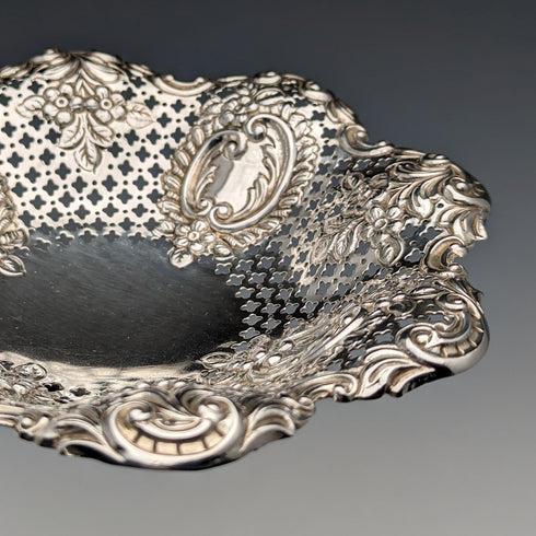 1895 British antique sterling silver floral dish, 111g, James Dixon & Sons