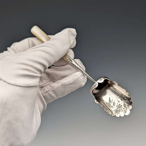 1911 British antique white mother-of-pearl handle sterling silver tea caddy spoon William Henry Leather