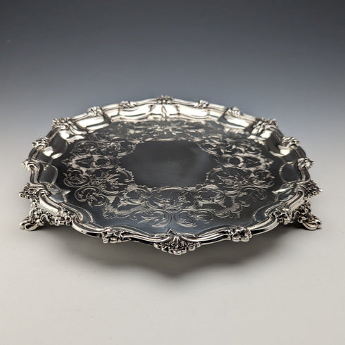 1846 British antique sterling silver Salva card tray, diameter 23cm, 396g, George Frederick Pinnell