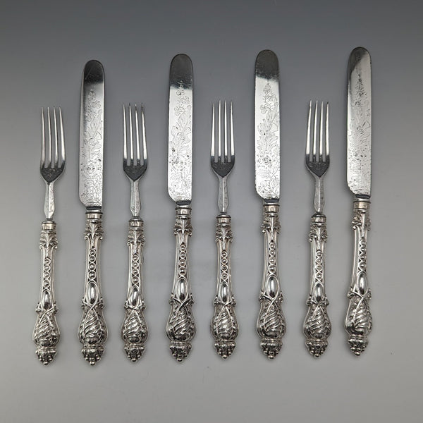 Circa 1860 British antique silver handle cutlery, 4 pairs, Harrison Brothers & Howson