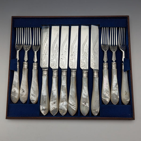 Late 19th Century British Antique White Mother of Pearl Handle Fruit Cutlery Set of 6 Pairs with Tray