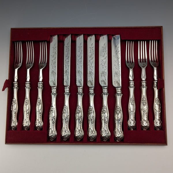 Circa 1830 British antique sterling silver handled fruit cutlery, 6 pairs, Aaron Hadfield, with tray