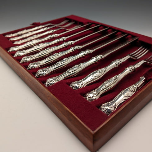 約 1830 年英國古董純銀手柄 6 雙水果餐具 包括 Aaron Hadfield 托盤