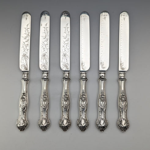 約 1830 年英國古董純銀手柄 6 雙水果餐具 包括 Aaron Hadfield 托盤