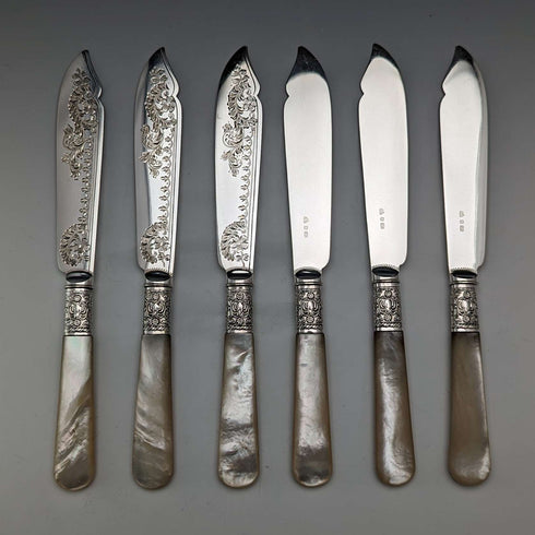 1900年頃 英国アンティーク 白蝶貝ハンドル デザートカトラリー6ペアセット 木箱入り
