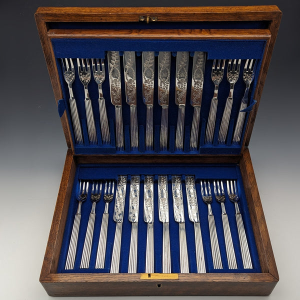 1880 British antique silver plate dessert cutlery set of 12, Martin & Hall, wooden box