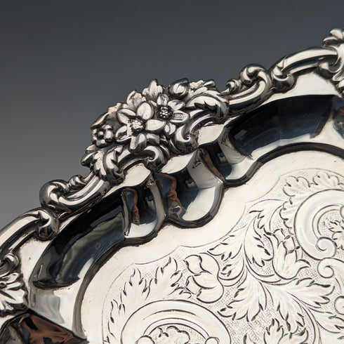 1829年 英国アンティーク 純銀製サルヴァ カードトレイ 直径25cm 560g John&William Barnard