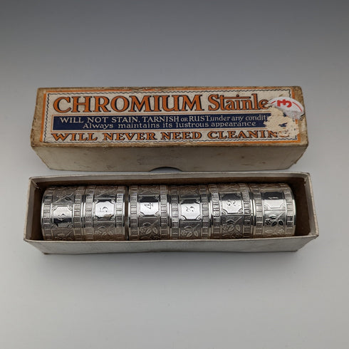 Vintage British silver plated napkin rings, set of 6, in paper box