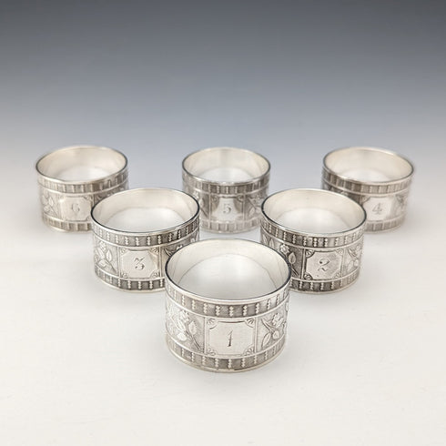 Vintage British silver plated napkin rings, set of 6, in paper box