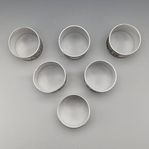 Vintage British silver plated napkin rings, set of 6, in paper box