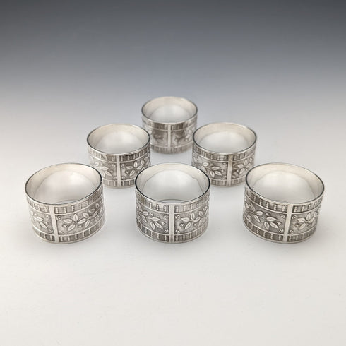 Vintage British silver plated napkin rings, set of 6, in paper box