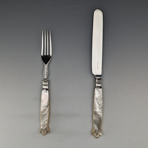 Early 19th Century British Antique White Mother of Pearl Handle Travel Cutlery Pair with Case