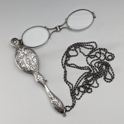 American antique sterling silver detailed portable folding glasses with chain