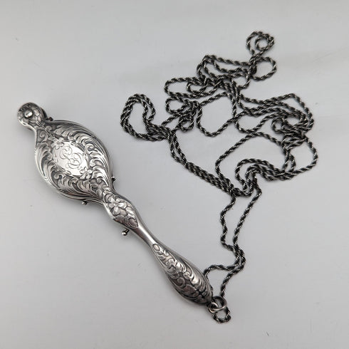 American antique sterling silver detailed portable folding glasses with chain
