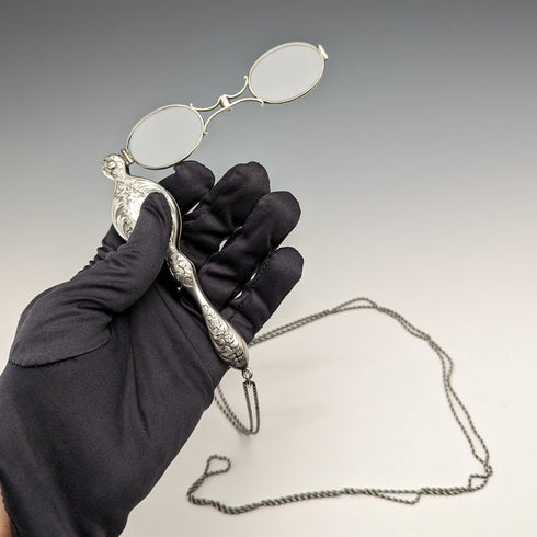 American antique sterling silver detailed portable folding glasses with chain