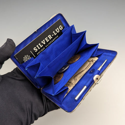 1893 British antique double-sided sterling silver card case with accordion pocket, 126g, Sampson Mordan