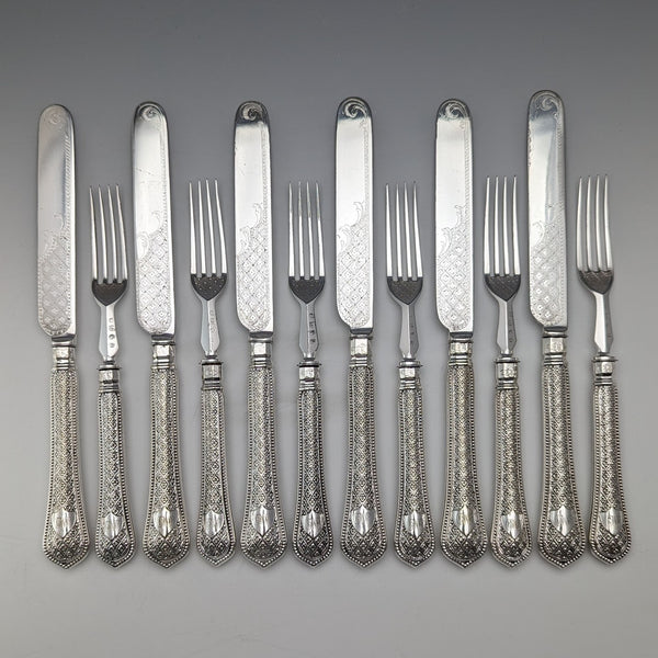 Antique British silver plate dessert cutlery set of 6, circa 1865