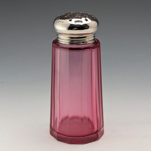 1910 British antique cranberry glass sugar caster with pure silver lid, Hukin & Heath