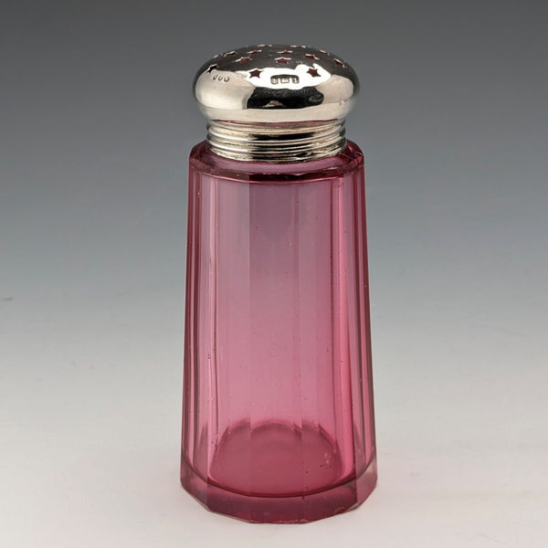1910 British antique cranberry glass sugar caster with pure silver lid, Hukin & Heath