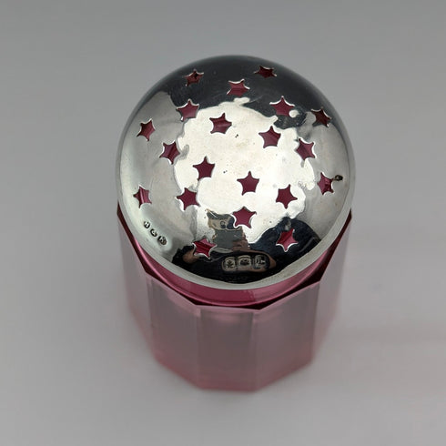 1910 British antique cranberry glass sugar caster with pure silver lid, Hukin & Heath