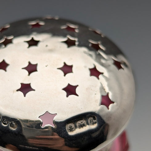 1910 British antique cranberry glass sugar caster with pure silver lid, Hukin & Heath