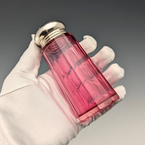 1910 British antique cranberry glass sugar caster with pure silver lid, Hukin & Heath