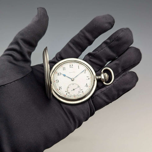 1930年頃 ヴィンテージ ゼニス 懐中時計 細密彫刻銀側ハンターケース 動作良好