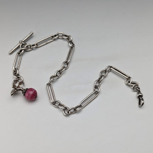 Circa 1900 British antique sterling silver Albert chain, 46g, sterling silver eagle & natural stone fob