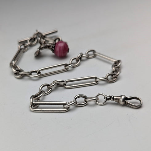 Circa 1900 British antique sterling silver Albert chain, 46g, sterling silver eagle & natural stone fob