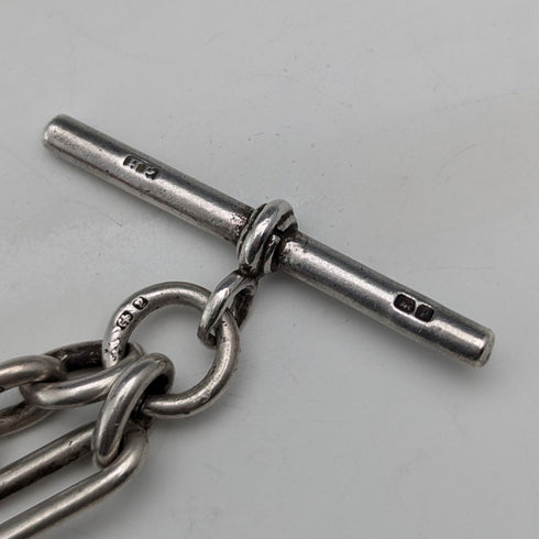 Circa 1900 British antique sterling silver Albert chain, 46g, sterling silver eagle & natural stone fob