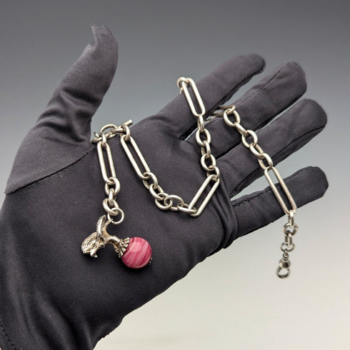 Circa 1900 British antique sterling silver Albert chain, 46g, sterling silver eagle & natural stone fob