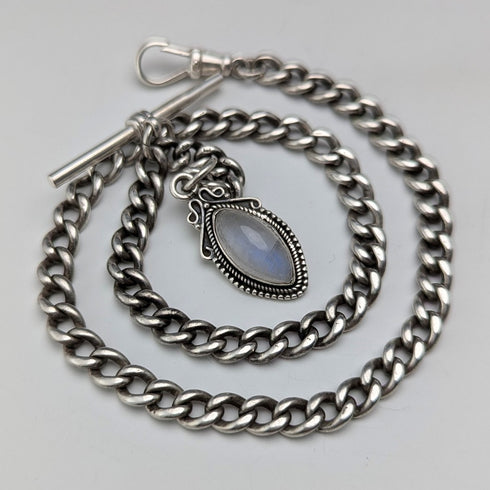 Circa 1900 British antique sterling silver Albert chain 33g moonstone fob