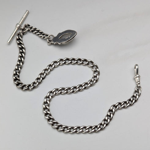 Circa 1900 British antique sterling silver Albert chain 33g moonstone fob