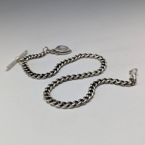 Circa 1900 British antique sterling silver Albert chain 33g moonstone fob