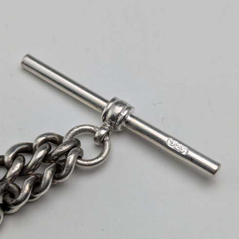 Circa 1900 British antique sterling silver Albert chain 33g moonstone fob