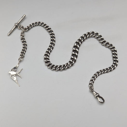 Circa 1890 British antique sterling silver Albert chain, 47g, sterling silver swallow fob