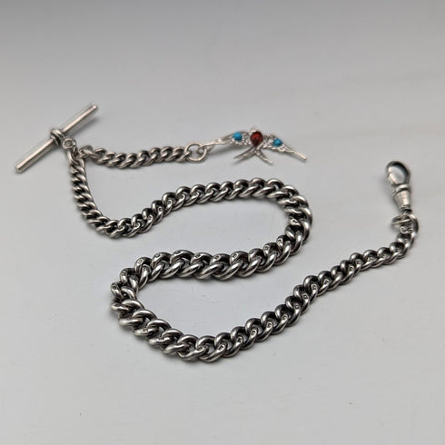 Circa 1890 British antique sterling silver Albert chain, 47g, sterling silver swallow fob