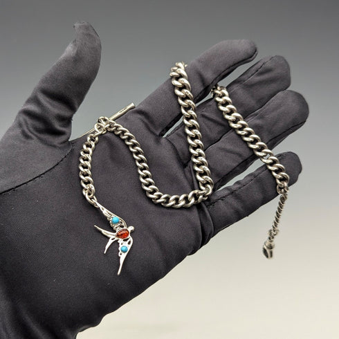 Circa 1890 British antique sterling silver Albert chain, 47g, sterling silver swallow fob