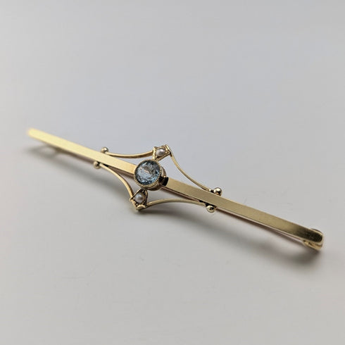 アンティーク 15ctゴールド製ブローチ ブルーストーン&パール ケース入